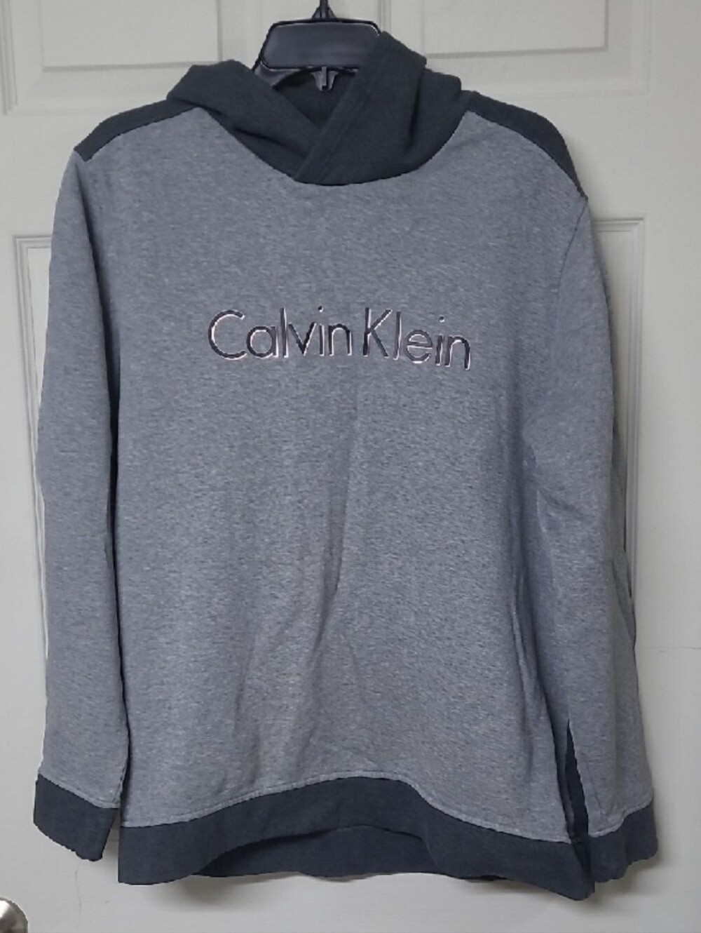 Calvin Klein Gray Black/Blush Pink Logo Knit Mixed Media Hoodie Size XL FUC